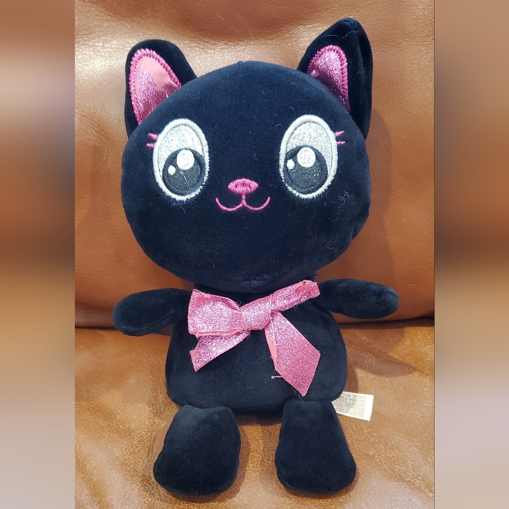 9 inch Dan Dee Black Pink Cat Glitter Bow and Ears Flaws Embroidered Eyes